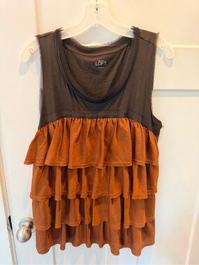 LOFT Brown Rust Ruffle Tank Top Large Sleeveless Tiered Blouse